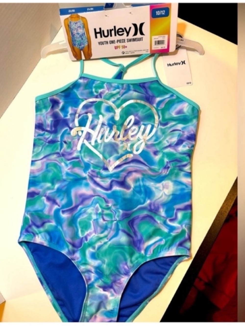 Hurley NEW One Piece Swimsuit Purple Blue Green Girls 10/12 Silver Heart Beach